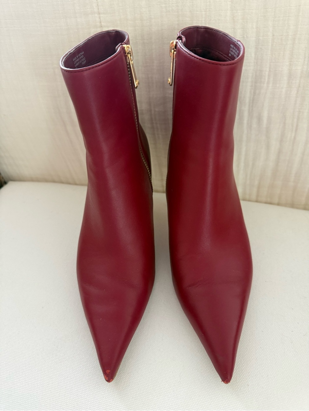 Michael Kors Burgundy Pointed Leather Ankle Booties with Gold Zipper and Heel